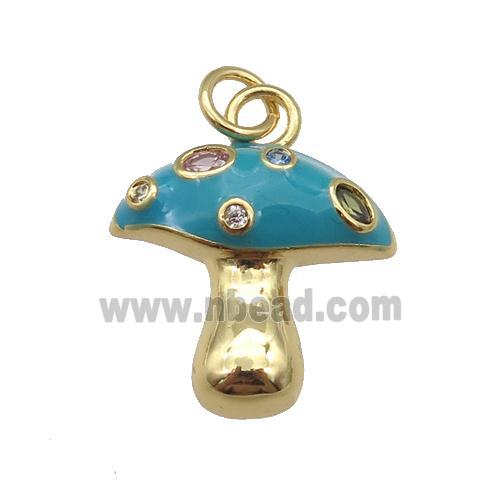 copper mushroom pendant paved zircon with teal enamel, gold plated