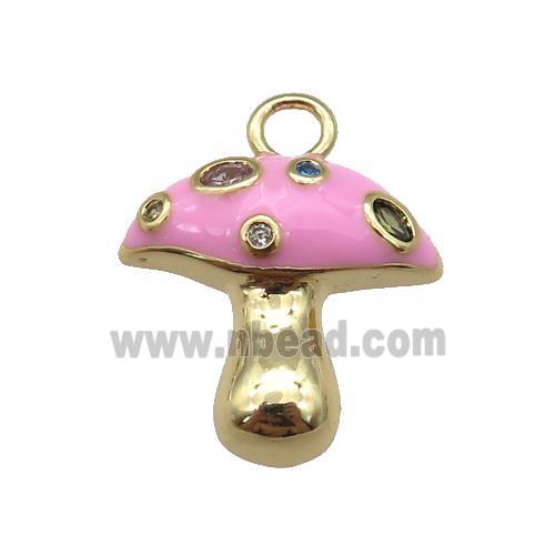 copper mushroom pendant paved zircon with pink enamel, gold plated