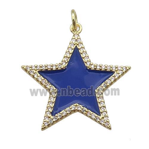 copper Star pendant paved zircon with blue enamel, gold plated