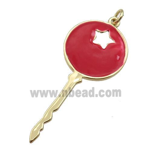 copper Key pendant with red enamel, gold plated