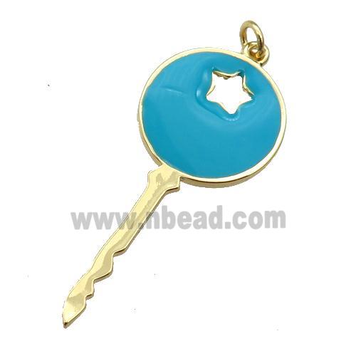 copper Key pendant with teal enamel, gold plated