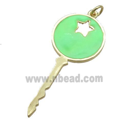 copper Key pendant with green enamel, gold plated