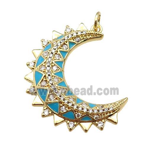 copper Moon pendant paved zircon with teal enamel, gold plated