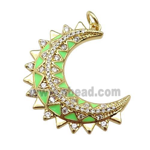 copper Moon pendant paved zircon with green enamel, gold plated