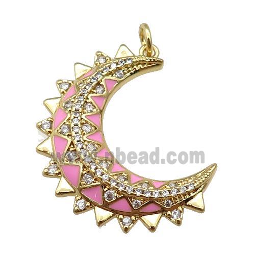 copper Moon pendant paved zircon with pink enamel, gold plated