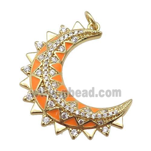 copper Moon pendant paved zircon with orange enamel, gold plated