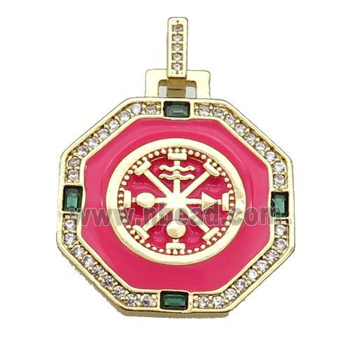 copper Octagon pendant paved zircon with red enamel, astrology, gold plated