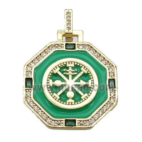 copper Octagon pendant paved zircon with green enamel, astrology, gold plated