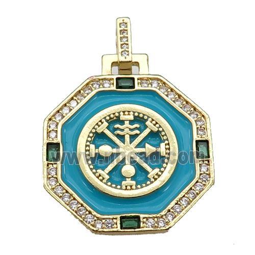 copper Octagon pendant paved zircon with teal enamel, astrology, gold plated
