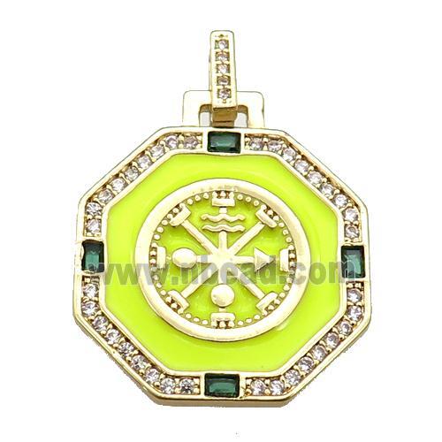 copper Octagon pendant paved zircon with yellow enamel, astrology, gold plated
