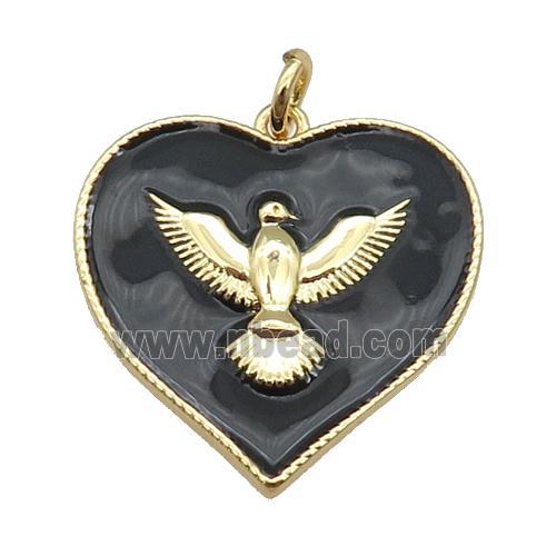copper Heart pendant with black enamel, hawk, gold plated