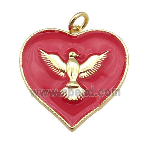 copper Heart pendant with red enamel, hawk, gold plated