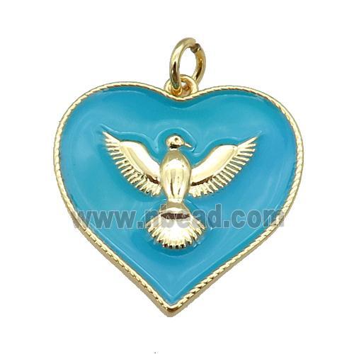 copper Heart pendant with teal enamel, hawk, gold plated