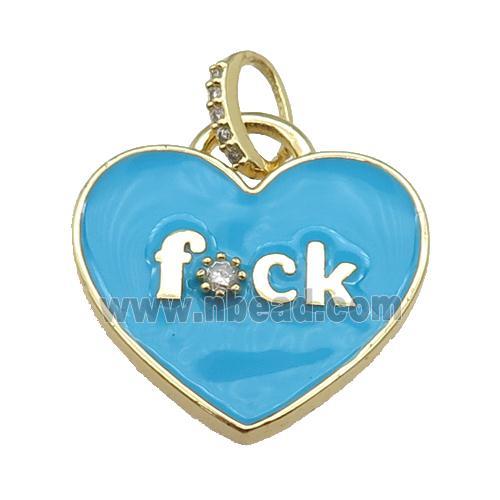 copper heart pendant paved zircon with blue enamel, gold plated