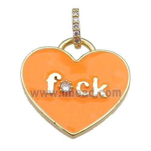 copper heart pendant paved zircon with orange enamel, gold plated