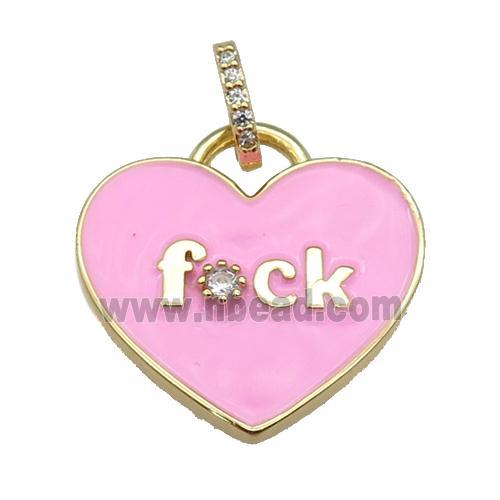 copper heart pendant paved zircon with pink enamel, gold plated