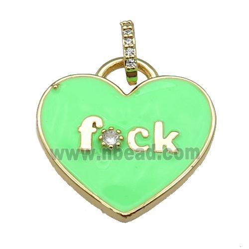 copper heart pendant paved zircon with green enamel, gold plated