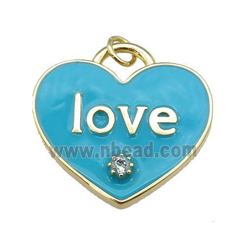 copper Heart pendant paved zircon with teal enamel, LOVE, gold plated