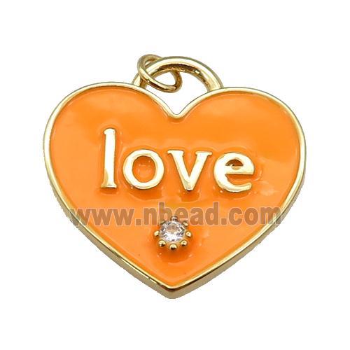 copper Heart pendant paved zircon with orange enamel, LOVE, gold plated
