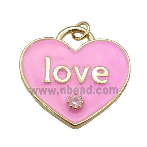 copper Heart pendant paved zircon with pink enamel, LOVE, gold plated