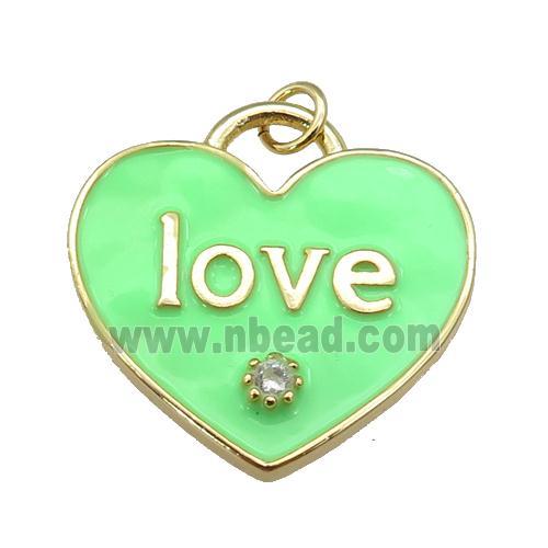 copper Heart pendant paved zircon with green enamel, LOVE, gold plated