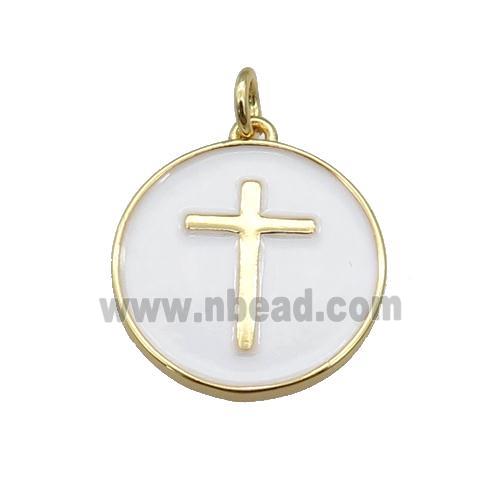 copper Circle pendant with white enamel, cross, gold plated