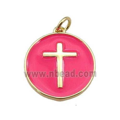 copper Circle pendant with hotpink enamel, cross, gold plated