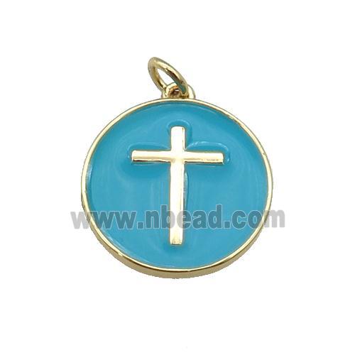 copper Circle pendant with teal enamel, cross, gold plated