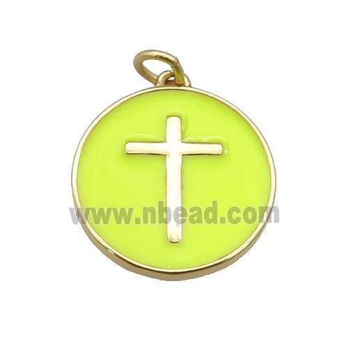 copper Circle pendant with yellow enamel, cross, gold plated