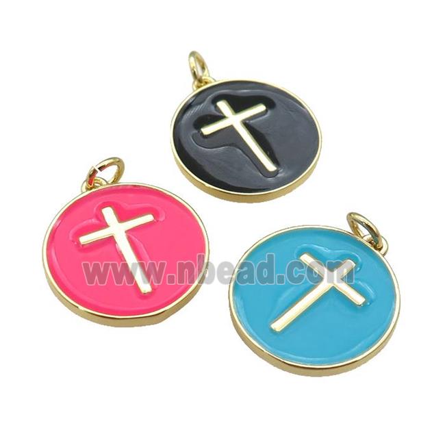 copper Circle pendant with enamel, cross, gold plated, mixed