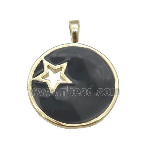 copper Circle pendant with black enamel, star, gold plated