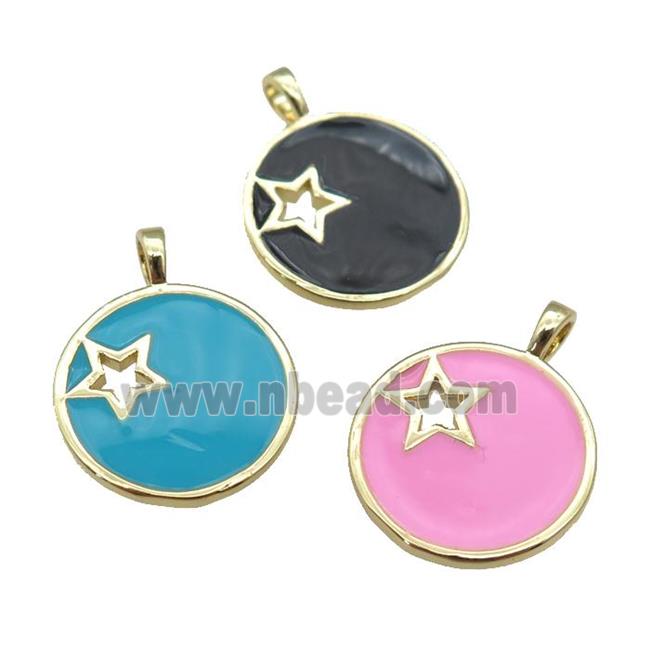 copper Circle pendant with enamel, star, gold plated, mixed