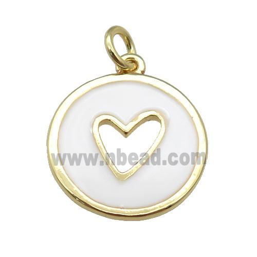copper Circle pendant with white enamel, heart, gold plated