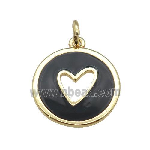 copper Circle pendant with black enamel, heart, gold plated