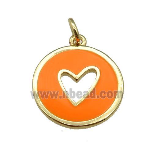 copper Circle pendant with orange enamel, heart, gold plated