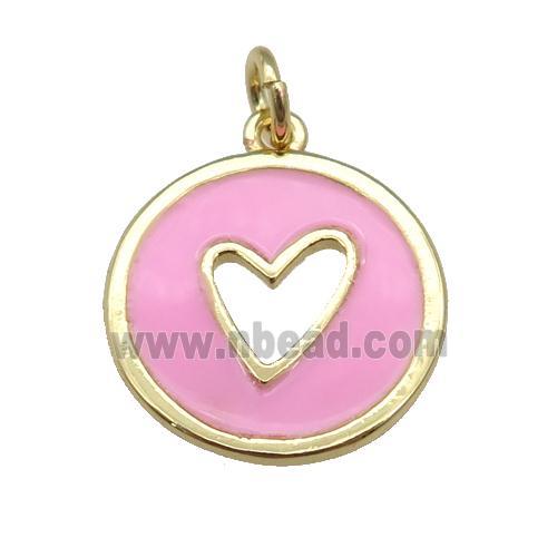 copper Circle pendant with pink enamel, heart, gold plated