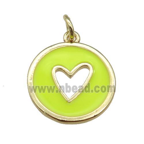 copper Circle pendant with yellow enamel, heart, gold plated