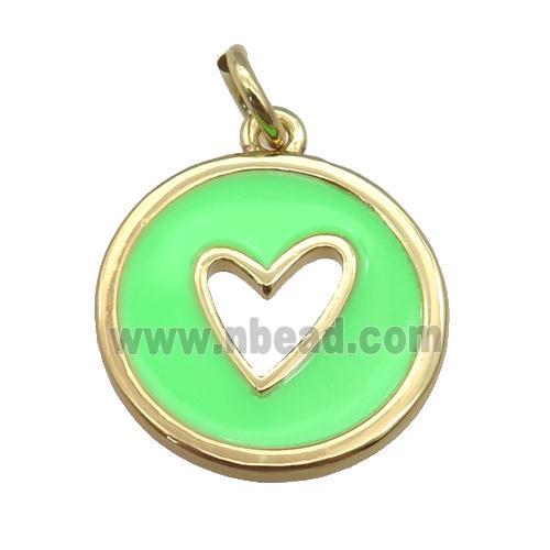copper Circle pendant with green enamel, heart, gold plated