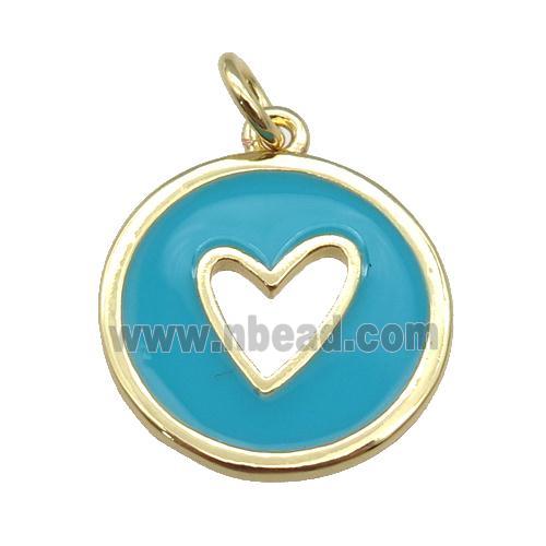 copper Circle pendant with teal enamel, heart, gold plated