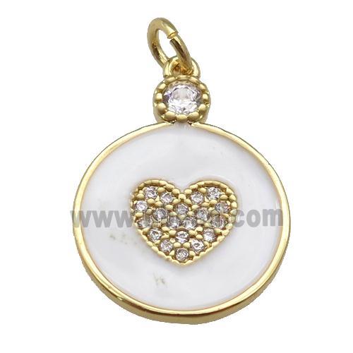 copper Circle pendant paved zircon with white enamel, heart, gold plated