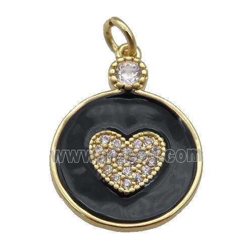 copper Circle pendant paved zircon with black enamel, heart, gold plated