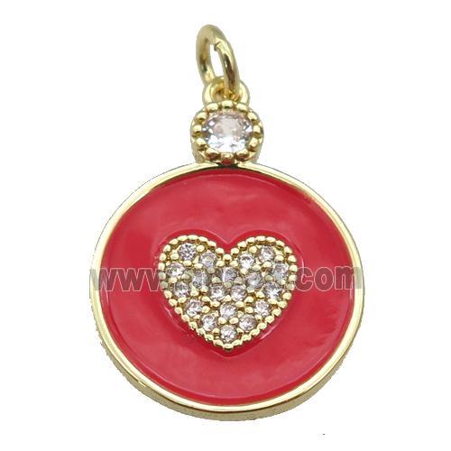 copper Circle pendant paved zircon with red enamel, heart, gold plated