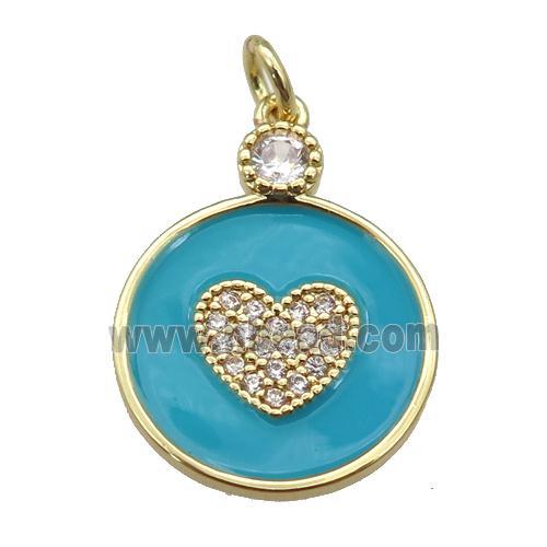 copper Circle pendant paved zircon with teal enamel, heart, gold plated