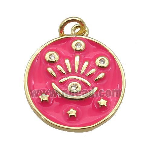 copper Circle pendant with hotpink enamel, eye, gold plated