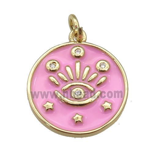 copper Circle pendant with pink enamel, eye, gold plated