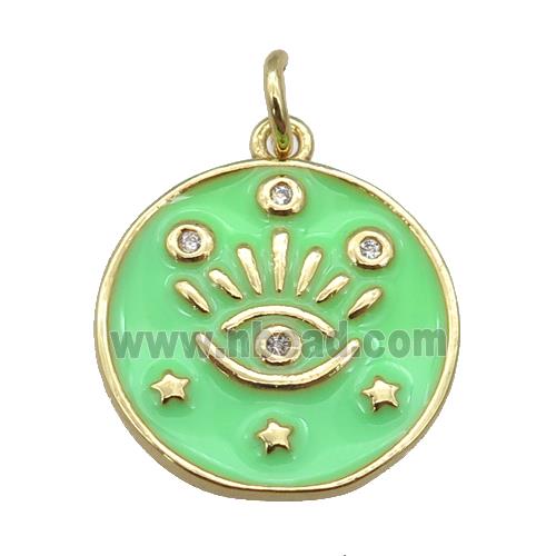 copper Circle pendant with green enamel, eye, gold plated