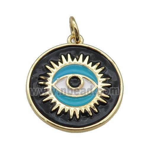 copper Circle pendant with black enamel, evil eye, gold plated