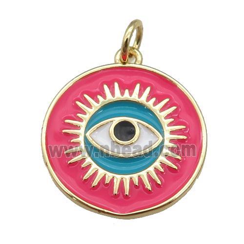 copper Circle pendant with hotpink enamel, evil eye, gold plated