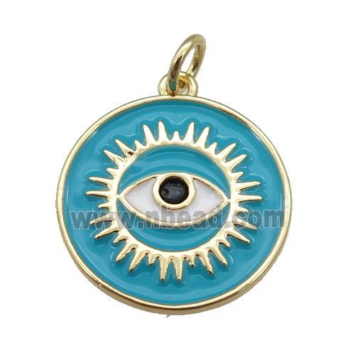 copper Circle pendant with teal enamel, evil eye, gold plated
