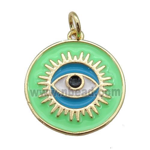 copper Circle pendant with green enamel, evil eye, gold plated